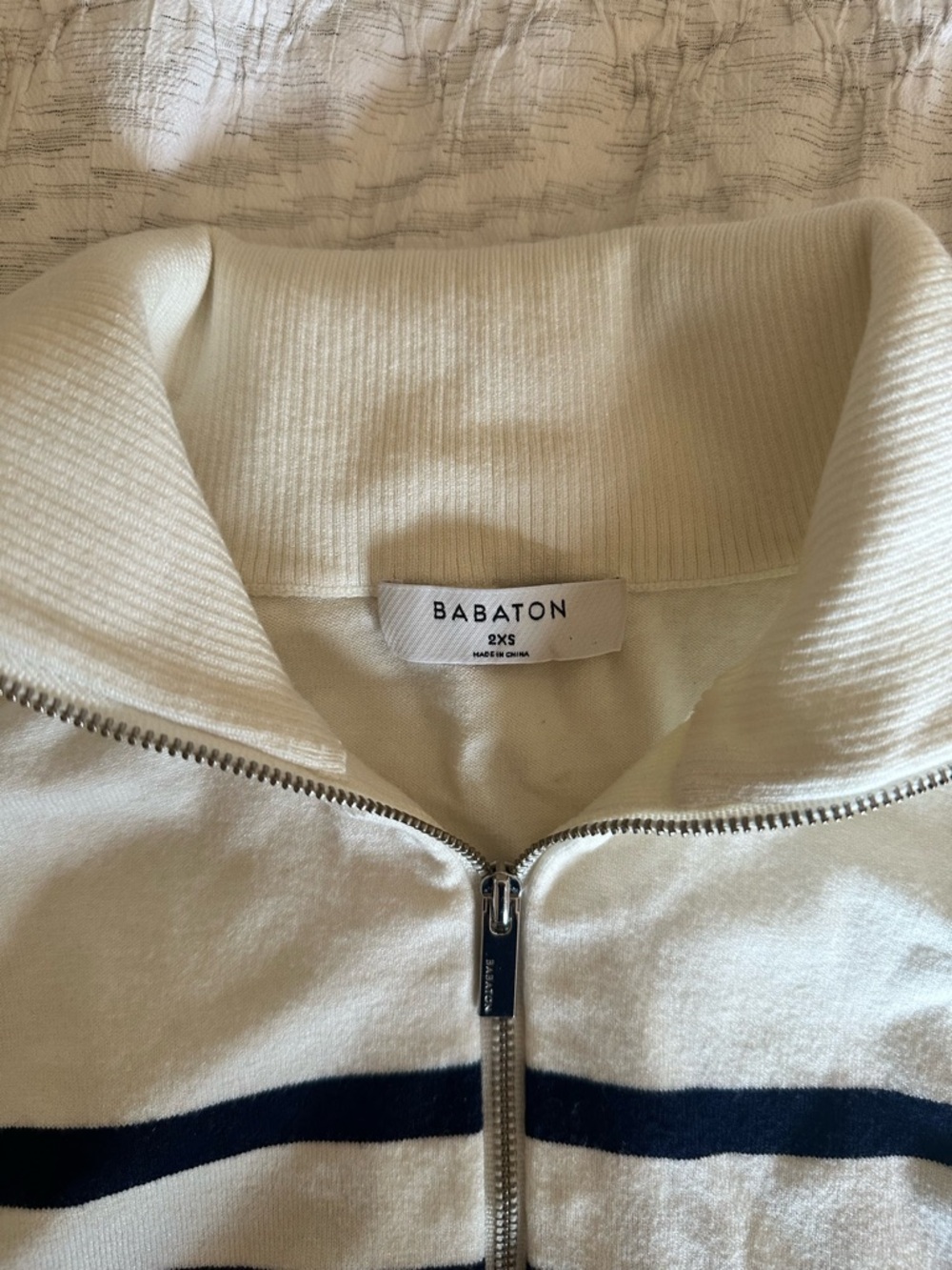 Aritzia Babaton Cream & Navy Half-Zip Striped Pullover - Picture 2 of 3